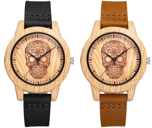 JewelryWe Cranio orologio in legno e vera pelle vintage punk halloween teschio venatura legno orologio da polso uomo donna cinturino in pelle analogico al quarzo regalo per uomini donne, Teschio, set