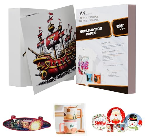 SCULPFUN Lot de 120 feuilles de papier de sublimation A4 210 x 297 mm 125 g/m² pour coton, t-shirt, tasses, verre, film de sublimation compatible avec toutes les imprimantes de sublimation