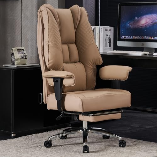 EXCEBET Sedia Ufficio Ergonomica – Poltrona Direzionale in Pelle PU, Schienale Alto, Braccioli Regolabili, Supporto 180 kg, Girevole, per Casa e Ufficio (marrone chiaro-1)