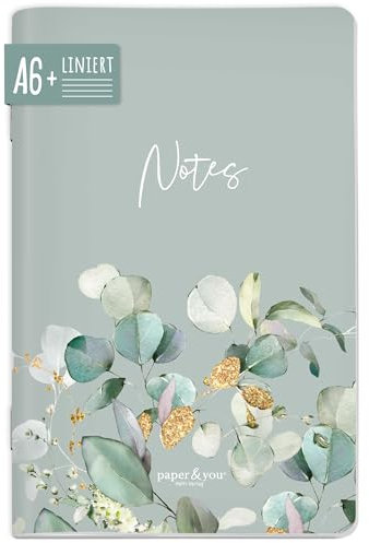 paper&you® Notizheft A6+ liniert Minty Leaves mit 64 Seiten, Softcover Notizbuch klein, liniertes Mini Journal - nachhaltig & klimafreundlich