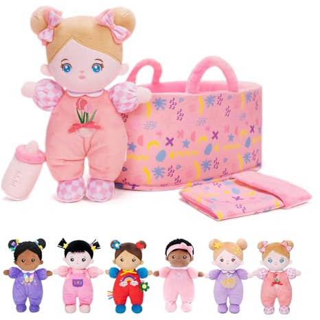 OUOZZZ 10‘’ Pink Baby Doll, Blue Eyes, Carry Case Set | Includes cute doll accessories, 25cm soft plush body, ideal toddler birthday gift