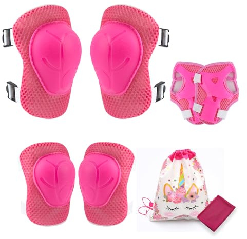 SSKHE 8 Pcs Kids Pink Knee Pads Wrist Guards Elbow Protective Set, with Drawstring Storage Bag and Towel, Adjustable Comfortable Gear for Roller Skates Scooter Skating Riding, for 3-12 Years Old Girls