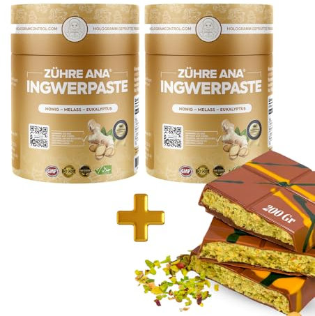 Zühre Ana Pasta de jengibre (2x240 g) - Fortalece naturalmente, para resfriados, expectorante para adultos y niños - Vegan. 200 g de chocolate de Dubái como regalo.
