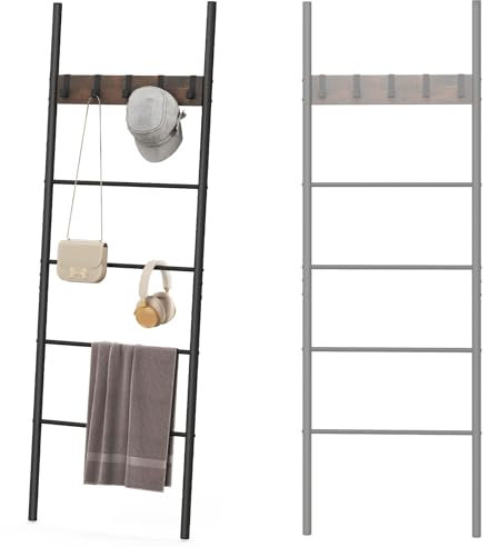 HOMASIS Porta Asciugamani Bagno da Terra a 4 Ripiani, Scala Scaffale Industriale con 5 Ganci, Struttura in Metallo, Portasciugamani da Parete per Vestiti, Giornali, da Soggiorno, Ingresso, 60 x 179 cm