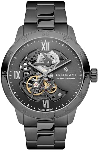 Seizmont Montre automatique pour homme - Montre squelette gris métal - Acier inoxydable 316L et verre saphir, gris, Bracelet