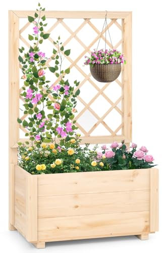 COSTWAY Jardinière Surélevée avec Treillis en Bois de Sapin avec Trou de Drainage, Bac à Fleurs pour Plante Grimpante Vigne, Lit de Jardin Intérieur/Extérieur, Naturel (58 x 35 x 101 cm)