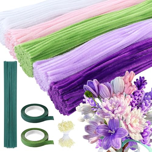 Niuny Pfeifenputzer zum Basteln Blumen 500Stk Pfeifenreiniger Blumen 5 Farben Pfeifenreiniger zum Basteln Pipe Cleaner Pfeifenputzer Lila mit Blumendraht Staubgefäße Klebeband für DIY Blumenstrauß