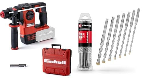 Einhell Martillo percutor a batería HEROCCO Power X-Change, Li-Ion, 18 V, 2.2 Joule, 18 Nm, motor sin escobillas, mecanismo impacto neumático, toma SDS+, incl. E-box + Juego de 7 brocas