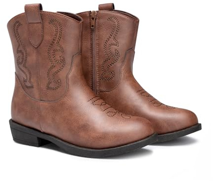 FabKids Cowgirl Boots for Girls Cowboy Boots Kids Western Embroidered Mid Calf Low Chunky Heels Riding Shoes Little Kids Size 2