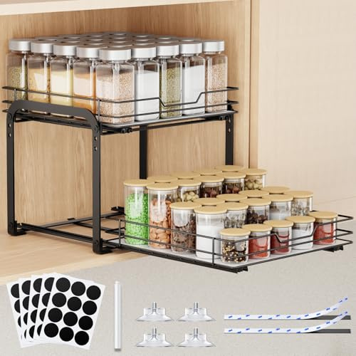 AHOMSEL Spice Rack Organizer for Cabinet - 2-Tier Vertical Pull Out Spice Rack, Heavy Duty Metal Spice Shelf with Easy to Install Design, Fits Countertop, Cabinet & Pantry