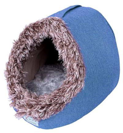 Cama para Gatos Tipo Cueva de Felpa caseta Cerrada Lavable con cojín extraíble y Base Antideslizante casa acogedora para Gatos y Perros pequeños para Invierno 37x33x27 cm (Azul, 33x37x27cm)