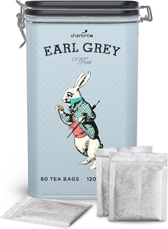 Charbrew Alice In Wonderland Tea Time Earl Grey Metal Tea Tin Caddy Gift – 60 Teabags Black Tea