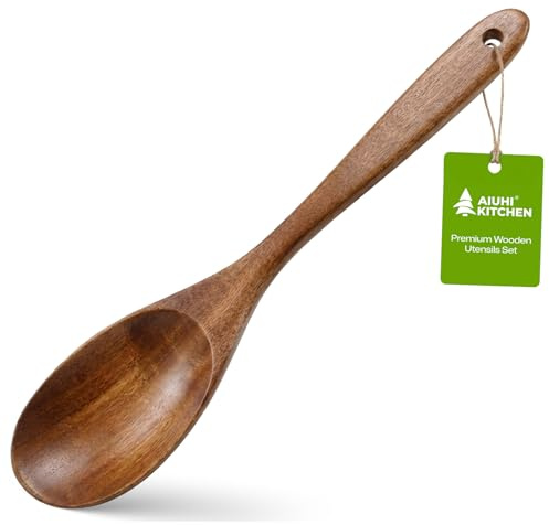 AIUHI Matlagningssked i trä, viktiga verktyg för kök, utökat handtag teak trä serveringssked