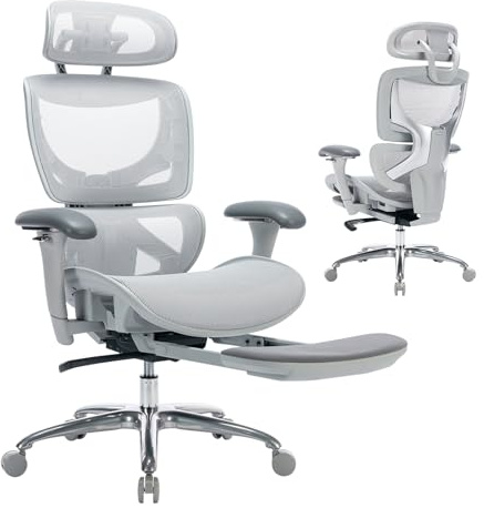 COLAMY Ergonomic Mesh Office Chair, High Back Desk Chair with Footrest, Adjustable Headrest and 3D Arms, Fixed Tilt Lock, Lumbar Support, Breathable Mesh Computer Chair for Home Office,Grey