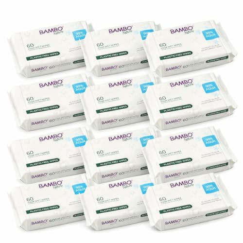 Bambo Nature Aqua Toallitas Húmedas Bebé 99% Agua – Pack 12×60 Toallitas, Sin Perfume ni Colorantes, 100% Viscosa, Para Piel Sensible y Recién Nacidos