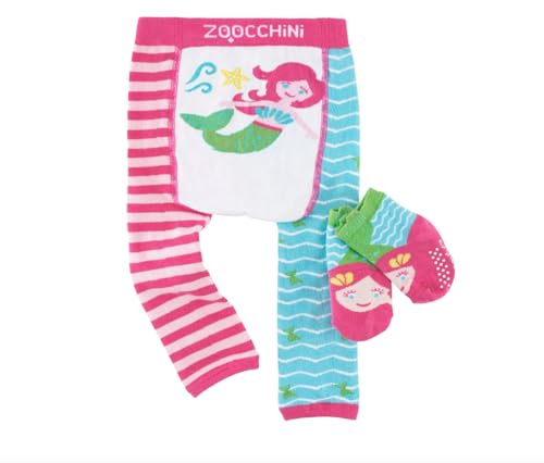 ZOOCCHINI Baby/Toddler Crawling Pants with Non-Slip Silicone Knee Grippers and Matching Anti-Skid Socks, 6-12 Months, Marietta The Mermaid