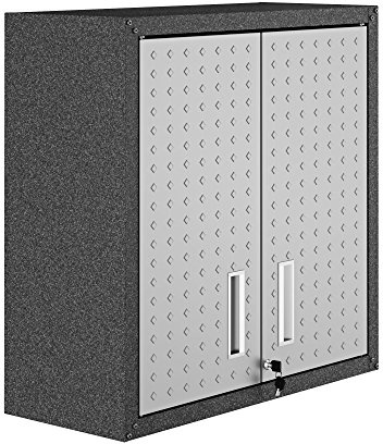 Manhattan Comfort Fortress Floating Garage Storage Cabinet with Adjustable Shelves and Lock, Recessed Handles, Metal Wall Mounted Lockable Utility Cabinet, Steel Garage Storage in Black and Grey