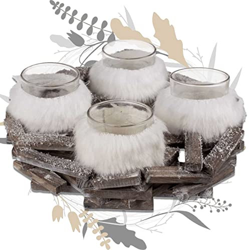 Holz-Adventskranz mit 4 Glas-Teelichthaltern mit Felldekoration und Kunstschnee - Deko Advent Weihnachten Kerzenhalter Windlicht