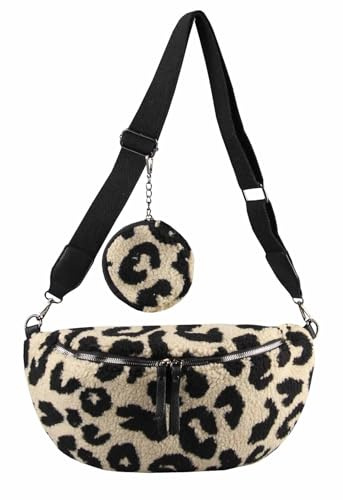 OBC Damen Leoparden-Print Tasche Teddyfell Plüsch Bauchtasche Hüfttasche Schultertasche Fell Bodybag Umhängetasche Crossbody Teddyplüsch Handytasche Crossbag Gürteltasche Wintertasche Beige