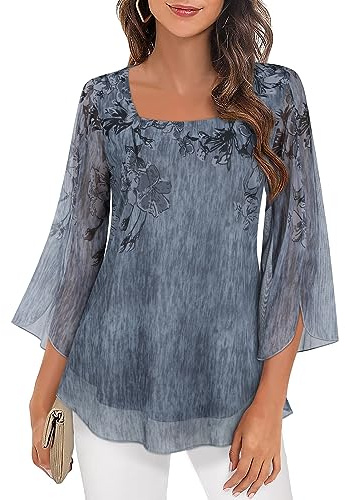 Syphiby Summer Ladies Tops for Women, Women's Chiffon Blouses Evening Chiffon Blouse Ladies Blouses Size 16 UK Casual Square Neck Ruffle 3/4 Split Sleeve Blouse for Women Loose Fit Flowy Tunic Tops