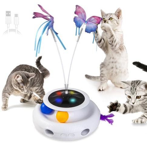 LMTNNB Interactive Toys for Cats, 3 in 1 Automatic Kitten Toy with Fluttering Butterfly, Moving Ambush, Feather Track Balls, USB Rechargeable Battery Powered, for Indoor Pets Exercise