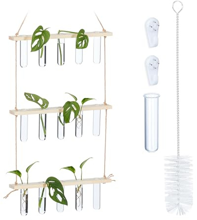Relaxdays Växter förökningsstation, hängande, provglasvaser med trähylla, hydrokultur, 3 nivåer, natur/transparent, 1 styck