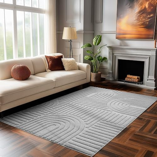 HomebyHome Kurzflor Teppich Wohnzimmer 140 x 200 cm Silber Hoch-Tief 3D Effekt Teppich Waschbar, Flauschig und Extra Weich - Skandinavisch Boho Muster Teppich für Schlafzimmer, Esszimmer und Küche
