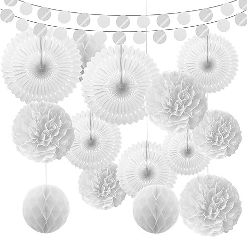 21pcs Weiß Pompons Fächer Hochzeitsdeko, Seidenpapier Pompons Papier Fächer Blume, Pompoms Dekoration Set, für Hochzeitsdeko, Geburtstag, Bachelorette Hochzeit, Einschulung Deko, Valentinstag, Taufe