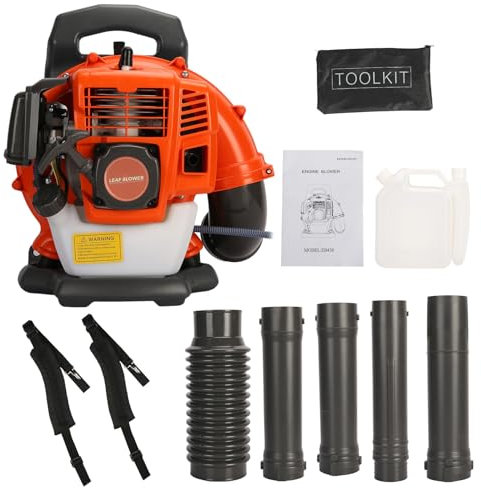 yoakaiax Soplador de hojas de mochila de gasolina, potente soplador de hojas a gas de 2 tiempos de 52 cc, motor refrigerado por aire, tubo ajustable naranja