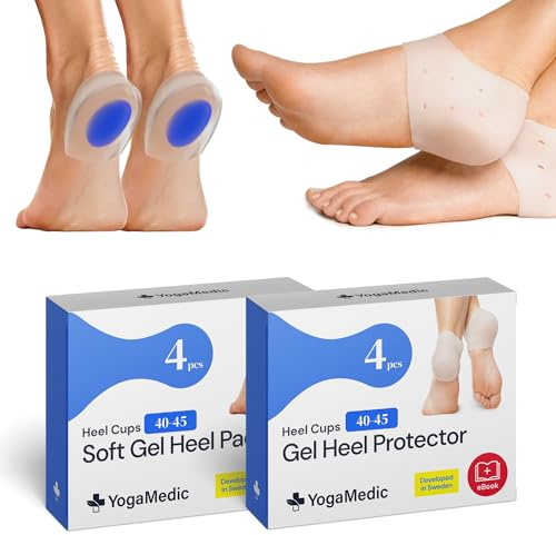 YOGAMEDIC kit tallonite – 2 paia solette gel + 2 paia talloniere silicone – sollievo da fascite, tendinite, dolore tallone – riduce pressione e vesciche – uomo e donna (Taglia 40–45)