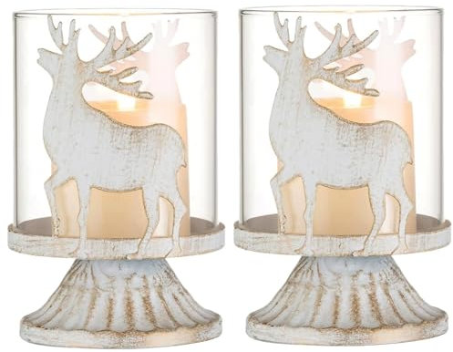Dmnnlp Kerzenhalter Weihnachtsdeko Windlichter Innen Tisch: 2er Set Hirsch Kerzenständer Metall für Tischdeko Fenster Geschenke Vintage Wohnzimmer -Weiß
