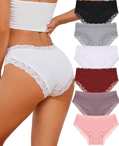 ALL OF SHE Bragas Mujer Algodón Ropa Interior Encaje Brazilian Hipster Lace Pack de 6,L