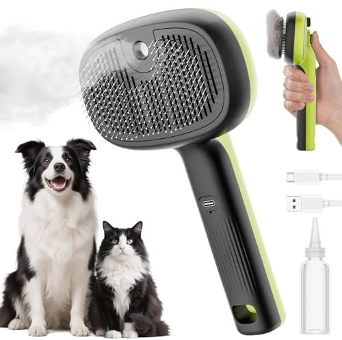 pecute Katzenbürste mit Dampf, Multifunktionale Katze Steamy Brush, Katzenbürste mit Spray Große Kapazität Wassertank, Dampfbürste Katze Massage Kamm für Langhaar Hunde Katz, Nur Kühler Nebel (Grün)