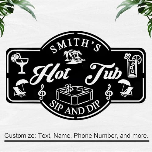Personalized Hot Tub Metal Sign, Custom Poolside Wall Decor, Large Outdoor Patio Plaque with Name, Color & Size Options for Backyard Porch Deck (Style 1)