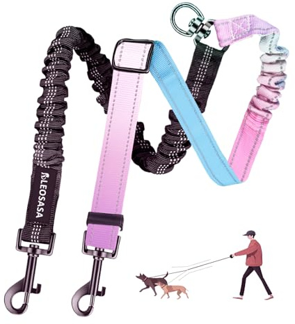 LEOSASA Double Dog Leash for Two Dogs - Gradient Color No Tangle Swivel Dog Coupler with Heavy Duty Clip, Size Adjustable Bungee Leash Attachment for Small, Medium, Large 2 Dogs, Style 4