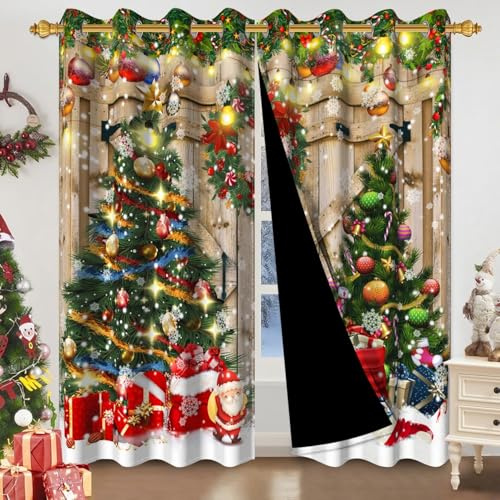 Tende Oscuranti Natale, Uiiooazy Tende Oscurante Termiche Isolanti Inverno Foglie Verde Fiori Rossi Tavola di Legno Tenda con Occhielli per Interni Camera da Letto Soggiorno Cucina, 2 Pezzi, 140x225cm