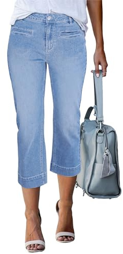 Roskiky Capri Pants for Women UK High Waisted Straight Leg Stretch Denim Cropped Trousers Women Welt Pockets