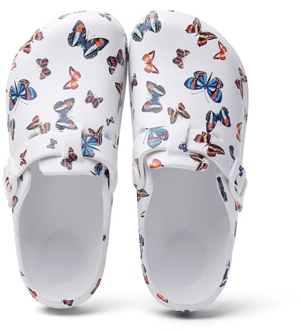 Womens Garden Clogs Shoes with Adjustable Buckle, Ladies Slip on Mules in Print Design, Lightweight EVA Work Shoes for Nurse Kitchen Butterfly 40