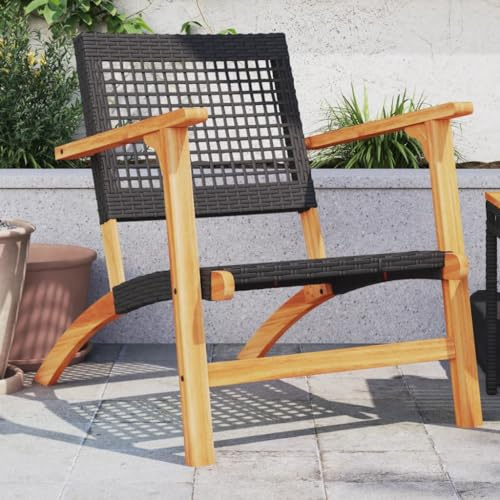 JHQHSM Lot de 2 chaises de jardin en polyrotin noir et bois d'acacia avec structure en métal, coque d'assise en rotin PE résistant aux intempéries, fauteuil de salon confortable pour terrasse et