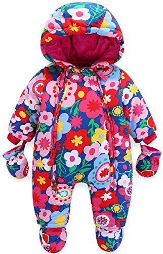 JiAmy Baby Girls Winter Hooded Romper Floral Snowsuit with Gloves Booties Cotton Outfits 12-18 Months