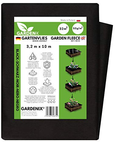 GARDENIX® 32 m² Tessuto Non Tessuto Anti Erbacce, Peso 50 g/m², Stabilizzazione UV, Nero (3,2m x 10m)