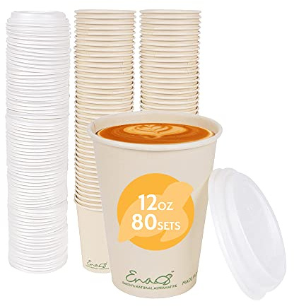 Earth's Natural Alternative 100% Compostable Disposable Coffee Cups with Lids [12oz 80 Set] Paper Cups Made from Unbleached Bamboo Fiber, Compostable Lids, To Go Coffee Cups with Lids