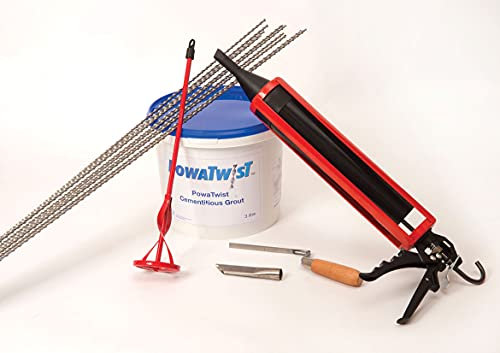PowaTwist Kit de couture craquelée (10 barres hélicoïdales 6 mm x 1 m, joint 3L, pistolet à mortier, buse, palette de mélange et truelle à doigt)