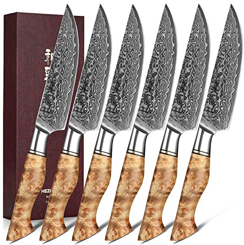 HEZHEN 6PCS Damaskus-Steakmesser Küchenmesser-Set Professionelles geschmiedetes mit hohem Kohlenstoffstahl Gemusterter Bergahorn Holzgriff-Porzellan-Geschenkpaket