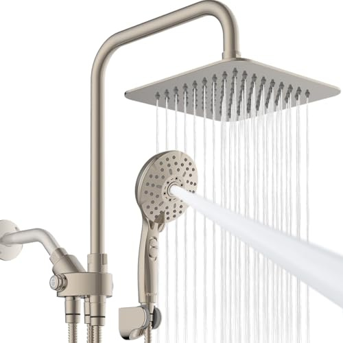 Ryamen Dual Shower Head Combo, Brushed Nickel 8'' High Pressure Rain/Rainfall Shower Head, 6 Settings Adjustable Handheld Showers, with 15 Height Adjustable Slide Bar, Holder/59’‘ Hose