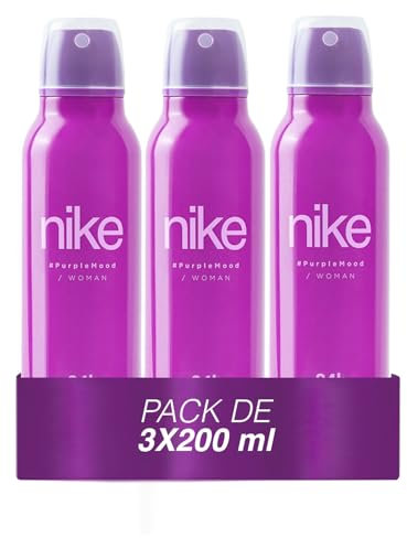 NIKE - Purple Mood Pack de 3 x 200 ml, Desodorante Mujer Spray, Desodorante Antimanchas para Todo Tipo de Piel, 0% Sales de Aluminio, de Larga Duración, Fragancia Floral Gourmand