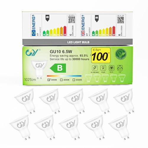 GY GU10 LED Warmweiss Lampe 6.5W 3000K 1025 Lumen Warmweiß Leuchtmittel, LED GU10 Energiesparlampe 100W lampe ersetzt, Nicht Dimmbar Birnen,10 stück