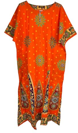 Kiran Fashion damer 100 % bomull lång kaftan klänning sommar etniskt tryck strandskydd en storlek, Orange pumpa, en storlek