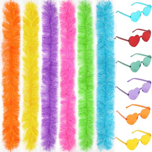 LACGO 12 boas coloridas con gafas esponjosas, decoración de disfraces para mujeres, lentes sol sin montura de corazón, accesorios de fiesta para niñas, bailes, bodas