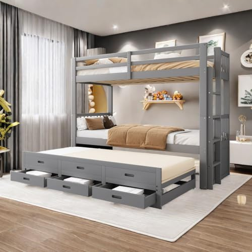 Sapgaks Lit Enfant 90x200 Lit Superposé Enfant Extensible, Lit Double Protection Anti Chute, pour Filles et garçons, Cadre de lit en pin et MDF avec échelle 3 tiroirs, Gris(sans Matelas)